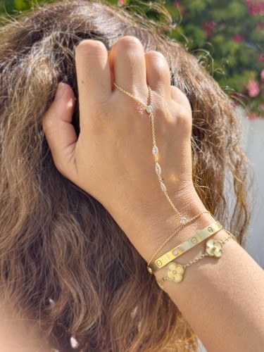 14K Yellow Gold Finger Bracelet Lab Diamond Ring Bracelet Chain Bracelet 0.85ctw - Picture 12 of 12