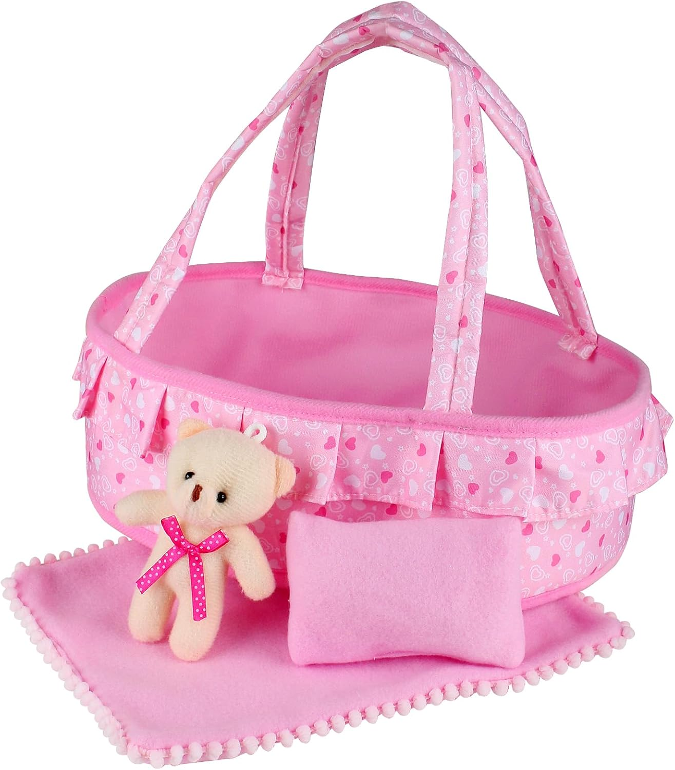 Baby Doll Cradle Bassinet Carry Bag with Soft Pillow, Quilt & Bear for 8-12 Inch