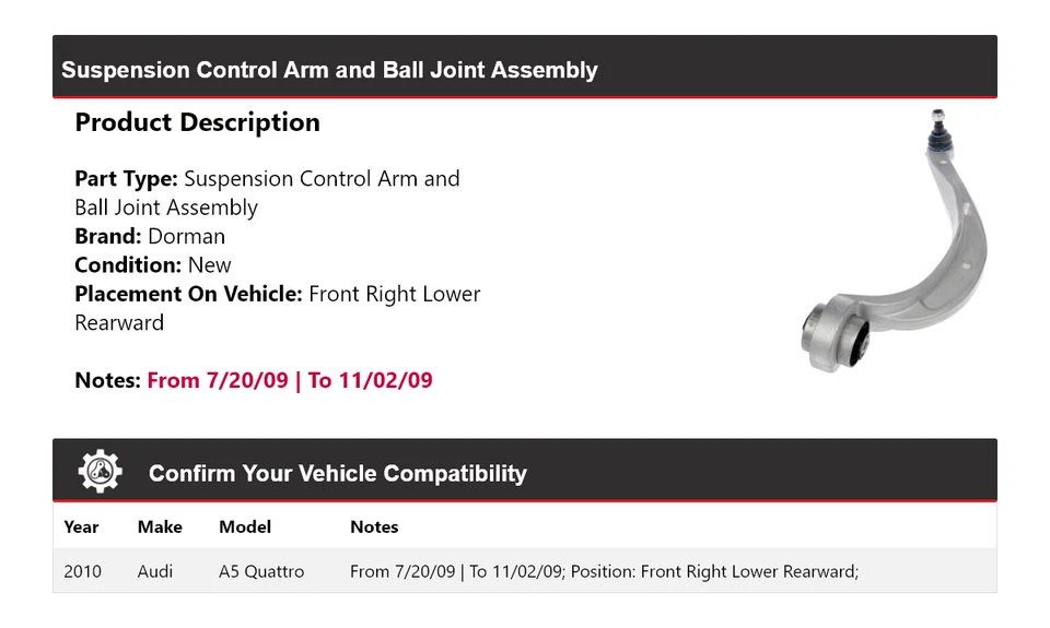 Conjunto de rótula brazo de control para Audi A5 Quattro Dorman 2010 Foto 2 de 4