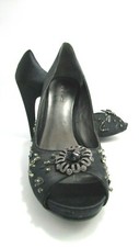Nine West Black Satin Eyelight Open-Toe Pump Scattered Beads accent 4.5" heel