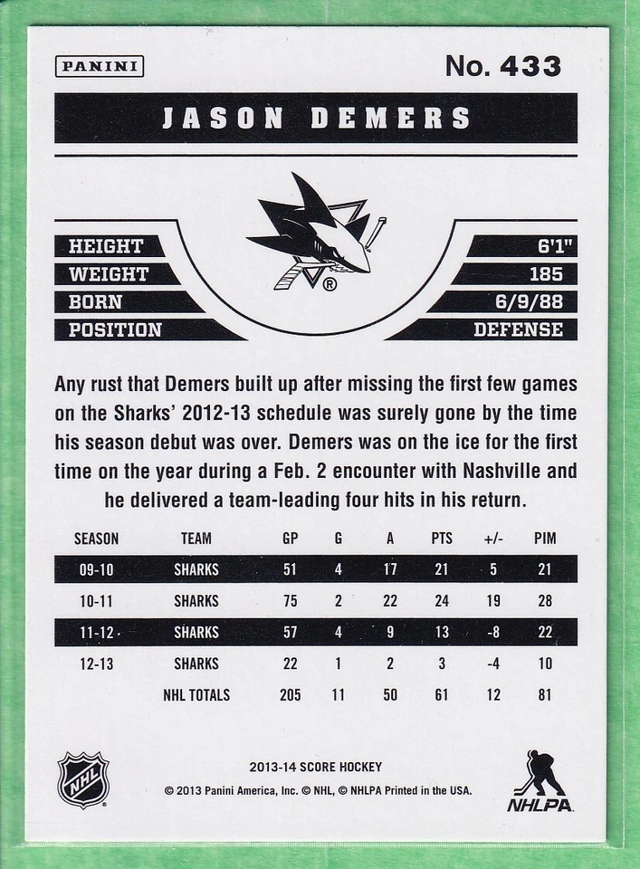 2013-14 Score Gold #433 Jason Demers San Jose Sharks - Image 2 of 2