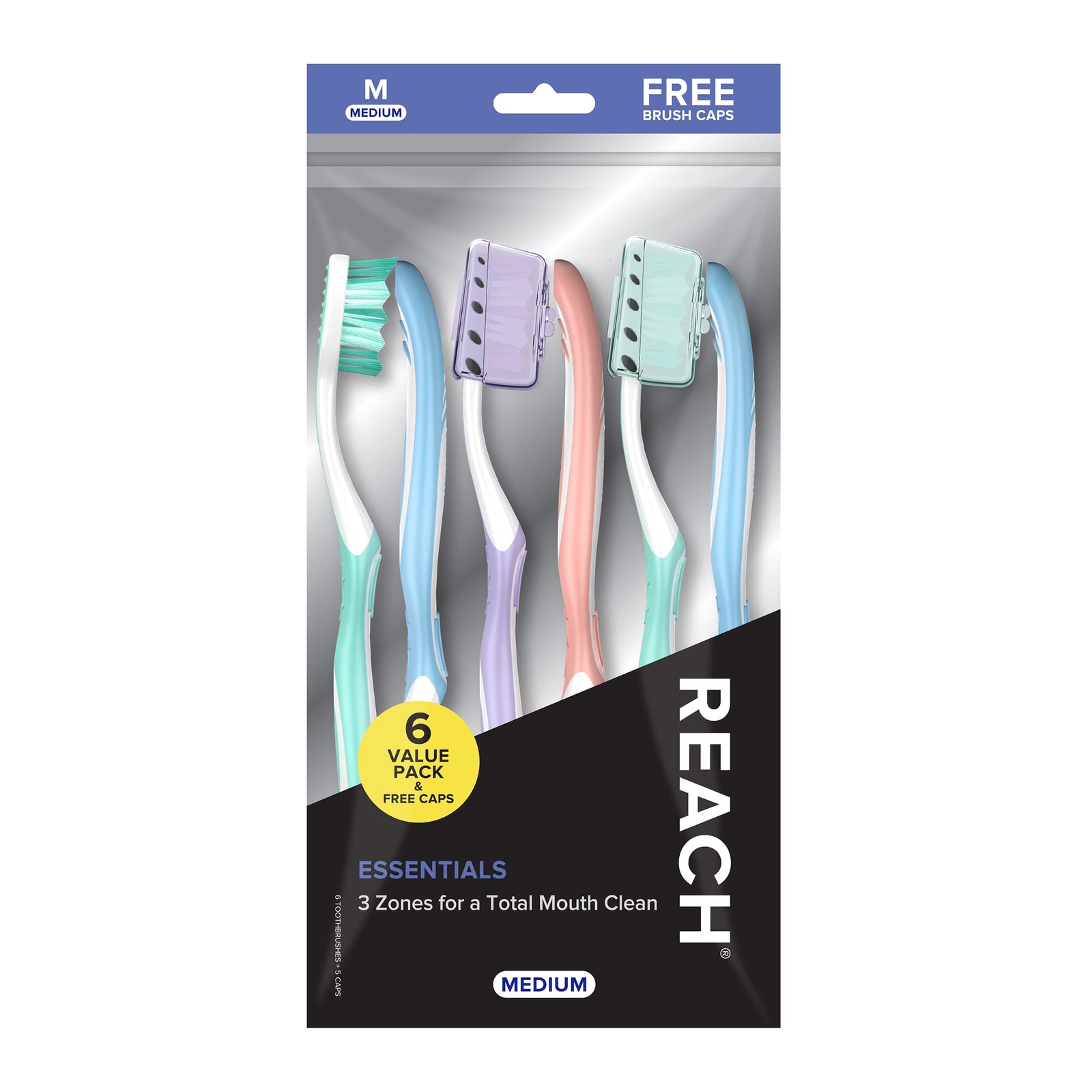 REACH Essentials Toothbrush with Covers, Multi-Angled Medium