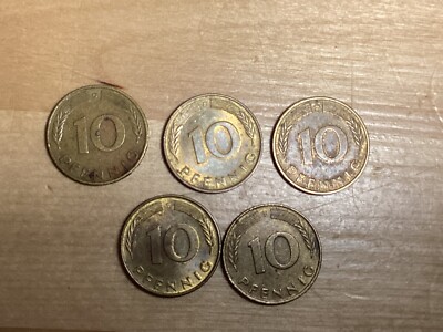Lot of 5 Germany 10 Pfennig Coins 1976-1980 Free Shipping