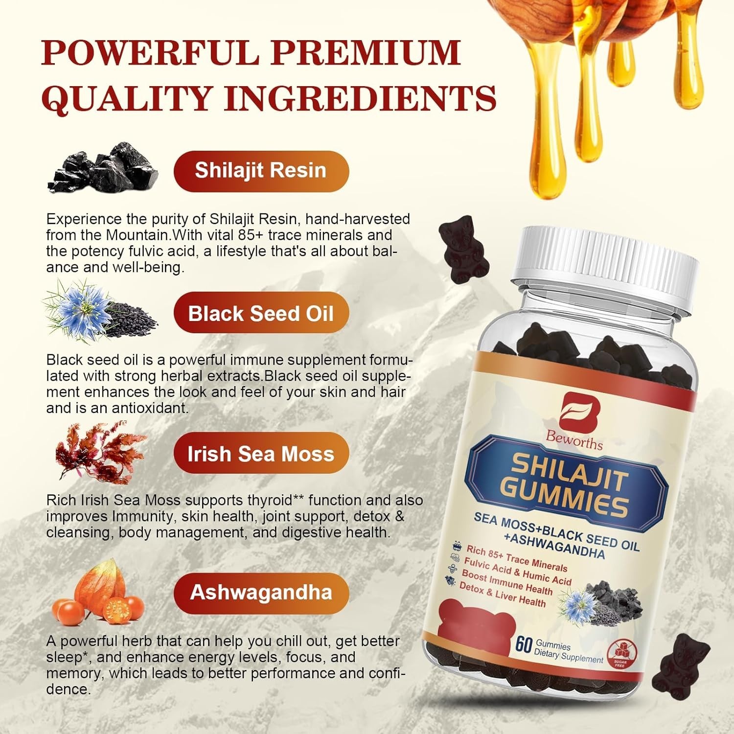 10000 MG Pure Himalayan Shilajit Gummies W Ashwagandha, Sea Moss, Black Seed Oil