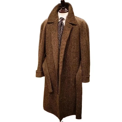 Men Overcoat Suits Tweed Herringbone with Belt Wool Blend Long Coat Regular Fit# - Image 2 of 4