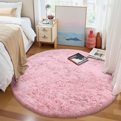 Pink Round Rug 9x9 Washable Kids Room Living Room Soft Shaggy Carpet BEST