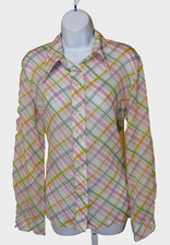 70 S DISCO BLOUSE GREEN YELLOW PINK PLAID COTTON POLY LIGHT WEIGHT BUTTON UP MED