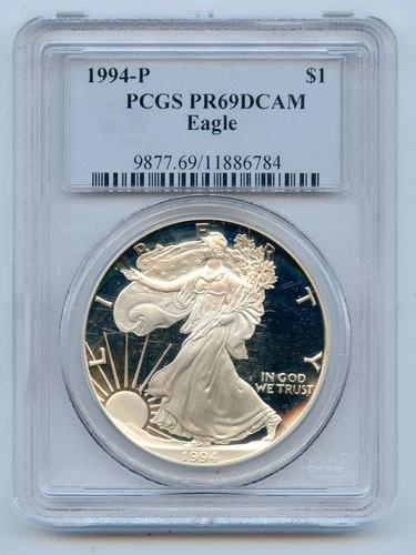 1994(P) Proof American Silver Eagle 1 OZ PCGS PR69 DCAM w/ Milk Spot