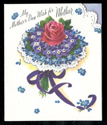 Vintage Mother's Day Card Die-Cut Pansies & Red Rose Rust Craft Unused w/Env.