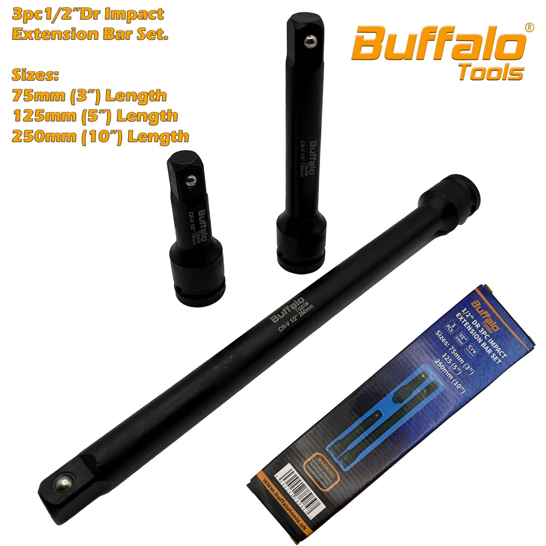 Buffalo Tools 1/2 Dr 3pc Impact Extension Bar Set 75mm 125mm 250mm