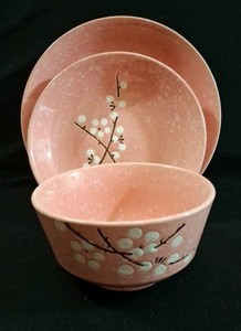 3PC Coup Dinnerware White Blossom On Pink Dinner Salad Rice Bowl Japan 