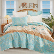 3 Pieces Coastal Quilt Sets King Size-Ocean Theme Coral Shell Starfish Conch Pat