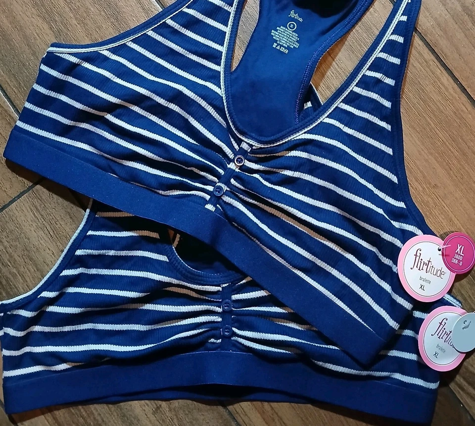 Paquete de 2 sujetadores deportivos Flirtitude Bralette talla XL suaves acanalados azul marino a rayas Foto 2 de 4