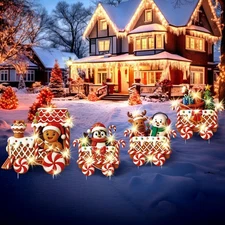 4 Pcs Christmas Train Decoration Yard Sign with 4 LED Light Lawn Sign Christm...