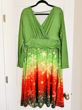 Women's Christmas V-Neck Casual Printed Slim Long Sleeve Fashion Dresses, 2XL