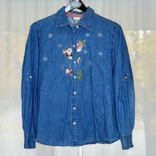 White Stag Vintage Christmas Holiday Denim Button Down Shirt Women's XL 16-18