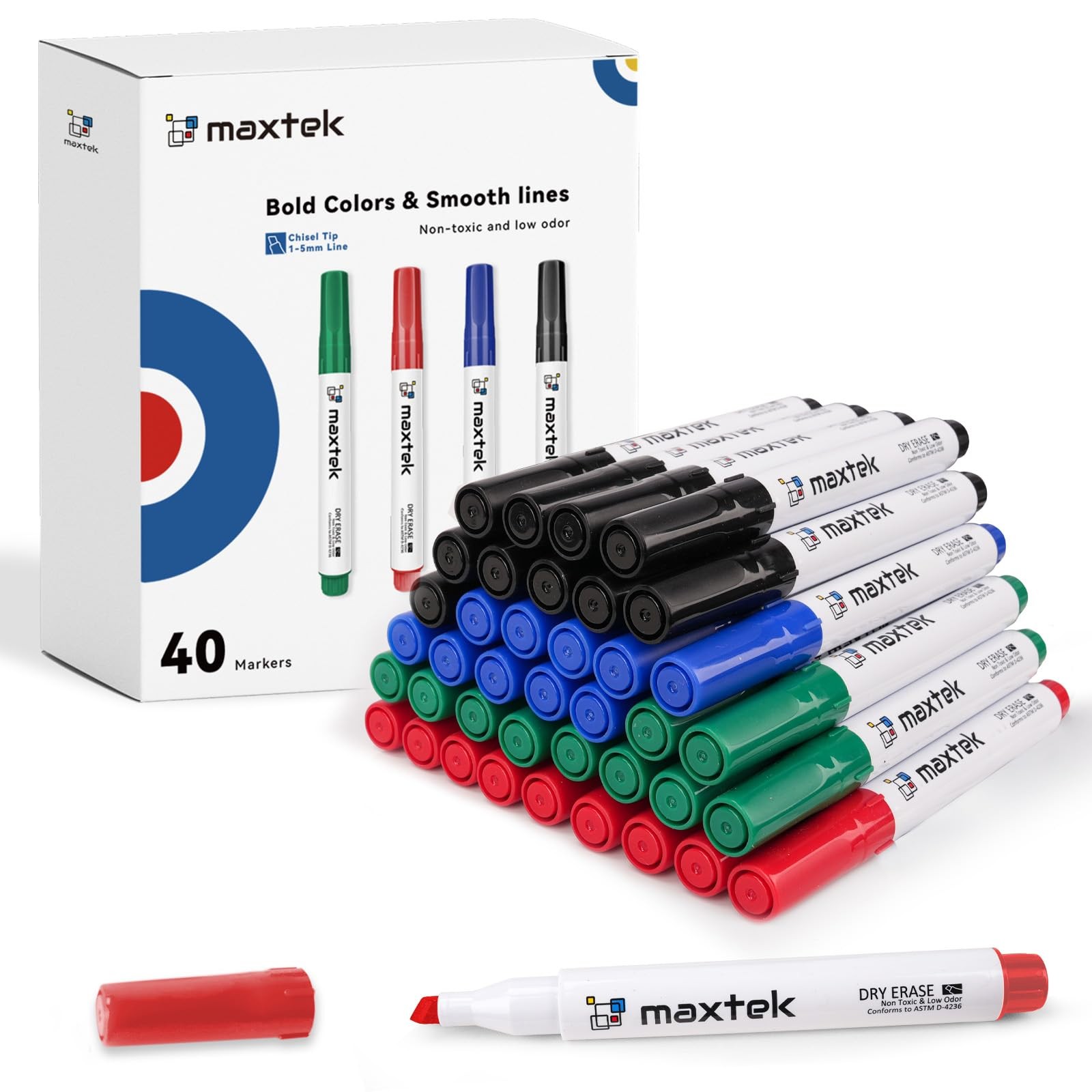 Low Odor Dry Erase Markers Chisel Tip, 4 Assorted Color