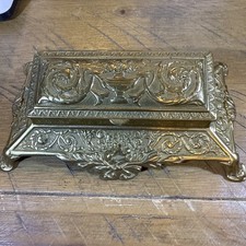 Antique Highly Decorated Brass Stamp Storage Footed Hinged Box .