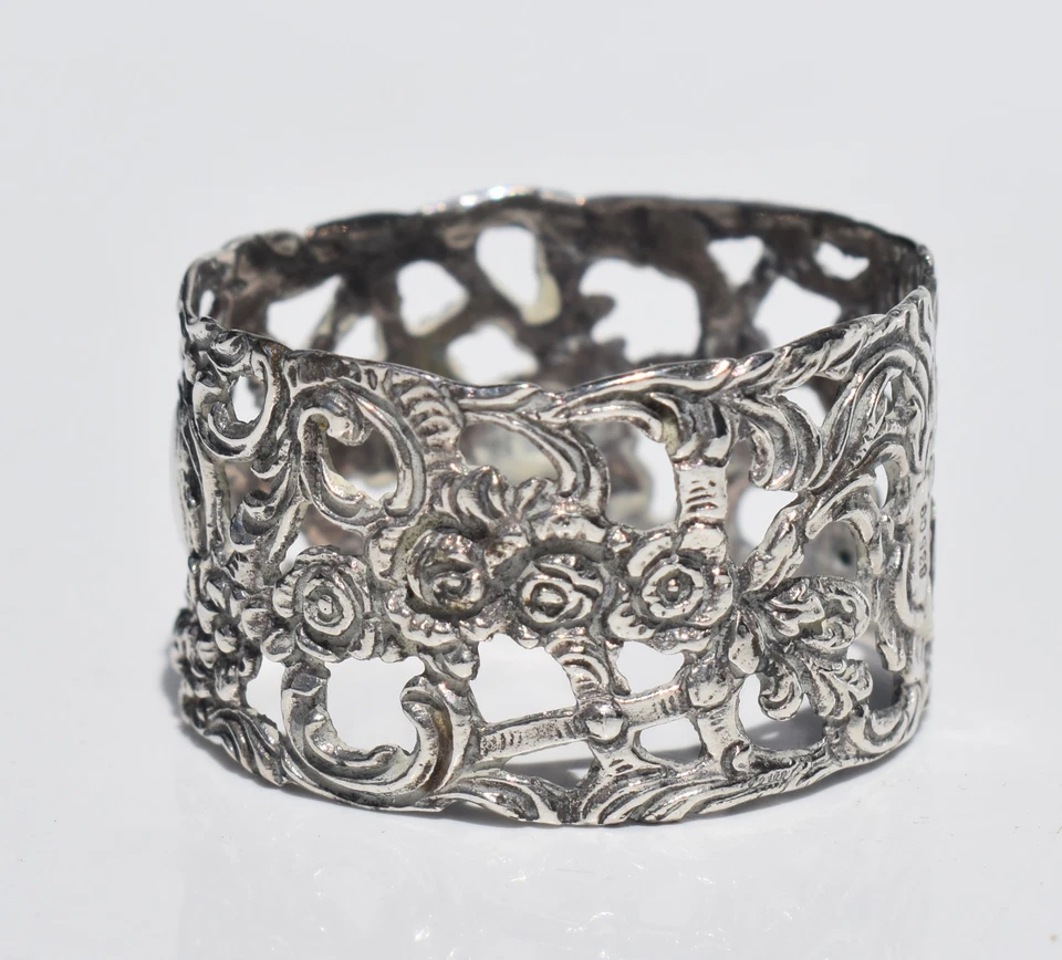Vintage Antique H/M 835 Silver Napkin Ring - Pierced / Repousse Floral & Scrolls - image 2 of 4