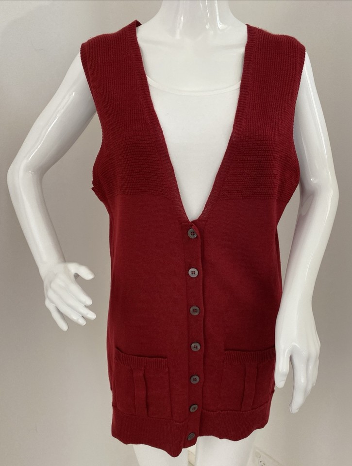 Fields M Red Wool Acrylic Button Up Vest Sleeveless Knit Cardigan Contrast Trim
