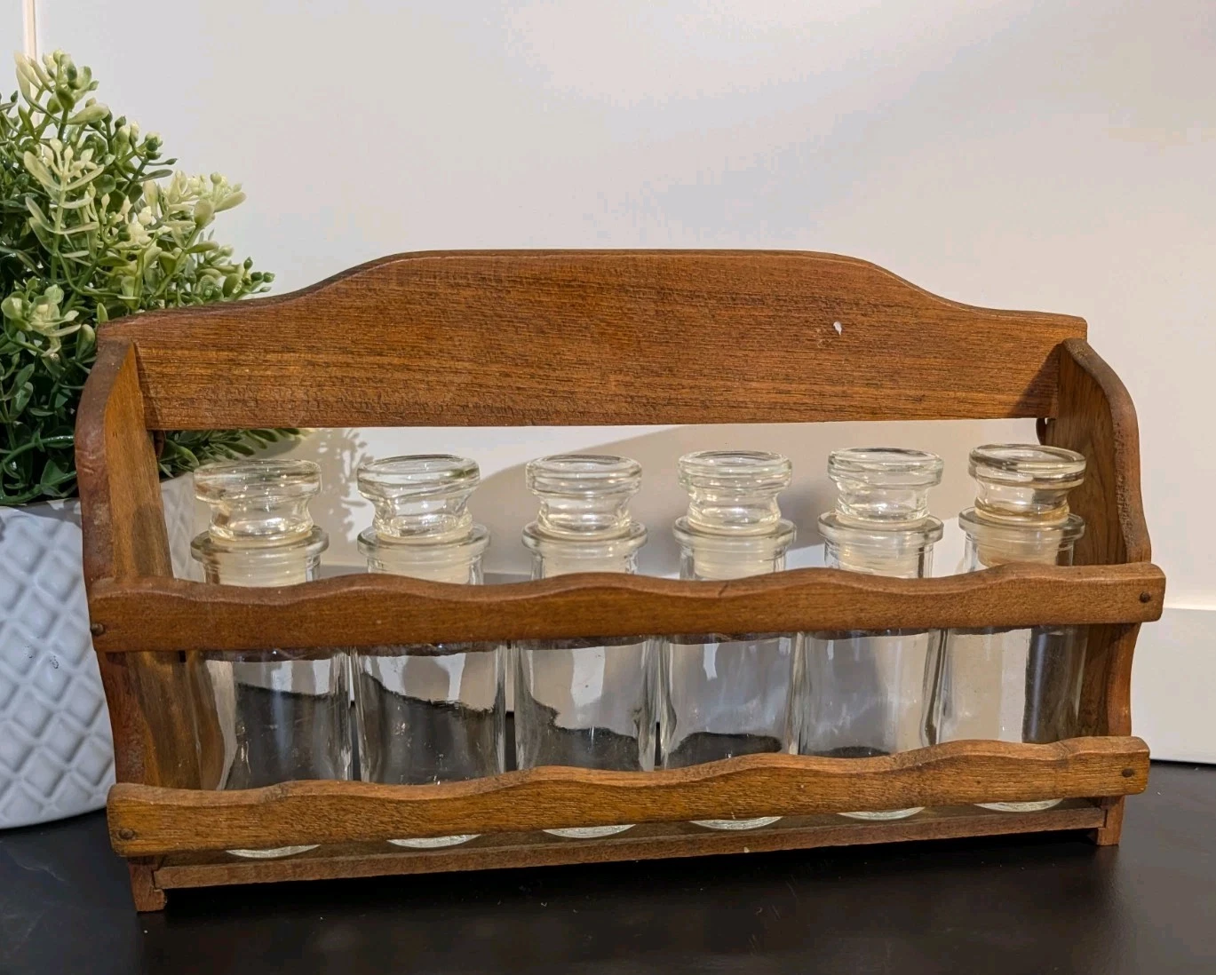Vintage Mid Century Spice Bottles Wooden Rack Apothecary Jars Made In Japan