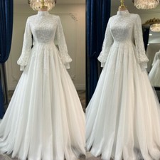 Glitter Muslim Wedding Dresses High Neck Long Sleeved Lace Appliques Bridal Gown