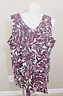 Woman Within 3X Tank Top Black Pink Tropical Leaf Print V Neck T Shirt 34/36