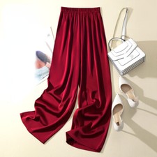 Women Satin Faux Silk Pants Trousers Shiny Wide Leg Straight Silky Bottoms
