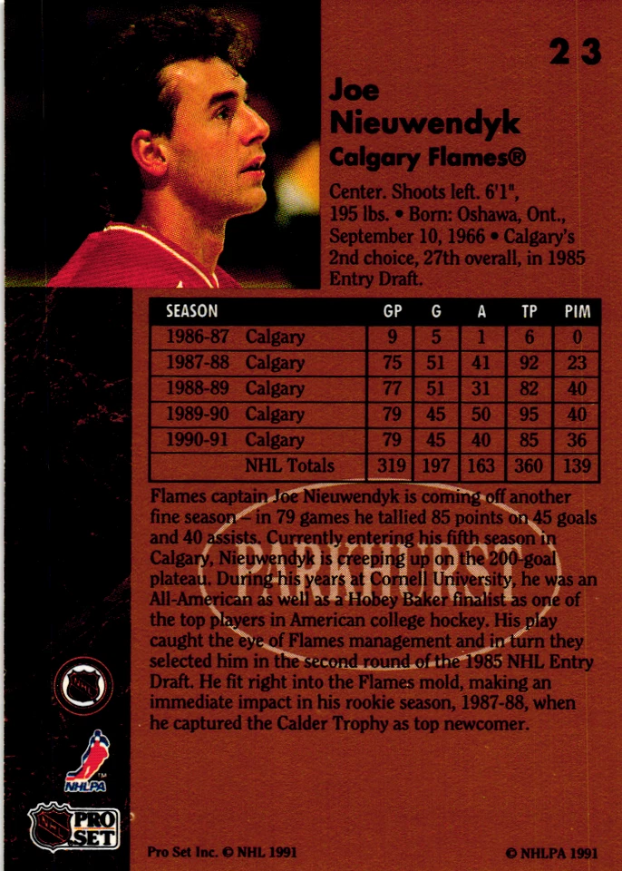 1991-92 Parkhurst Calgary Flames Hockey Card #23 Joe Nieuwendyk - Image 2 of 2