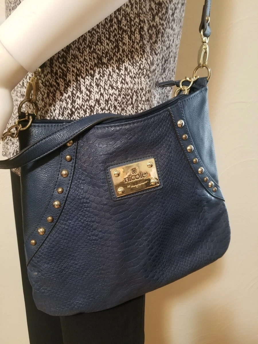 Nicole Miller Blue Brass Hardware Studded Crossbody Shoulder Purse Handbag