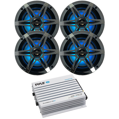 Pyle 4-Ch 400 Watt Bluetooth Amplifier, 4x 6.5'' 120 Watt Chrome LED Speakers