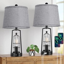 Farmhouse Table Lamps with 2 USB Ports, Set of 2 Rustic Industrial Desk Lamp ...