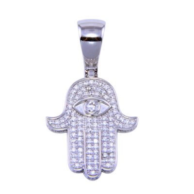 Sterling Silver Hamsa Hand Evil Eye Pendant w/ Micro Pave CZ Stones
