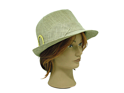 Linen Fedora Fashion Hat Oval Gold Ring On Side Beige & Gold  display picture 1