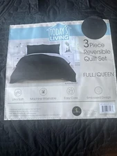Today's Living 3 Piece Full/Queen Embossed Black Silver  Reversible Quilt Set