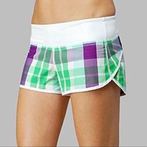 LULULEMON SPEED SHORTS FOXY PLAID/POTION PURPLE/SAVAGE GREEN SIZE 6