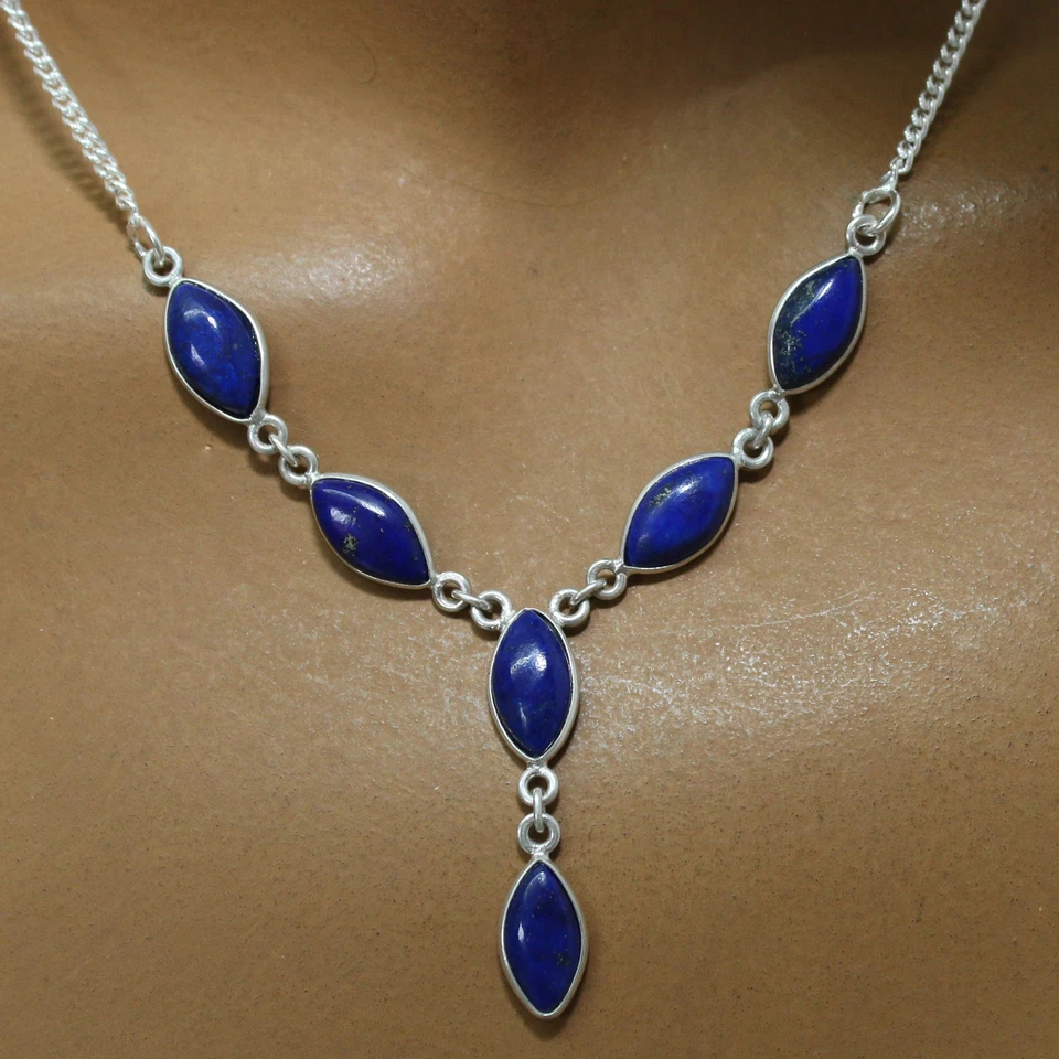 Lapislazzuli Argento Collana 925 Collier 40 CM Catena Cabochon Lapis Lazuli Blu - Immagine 3 di 4