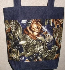 NEW Medium Handmade Packed Wolf Wolves Wildlife Denim Tote Bag