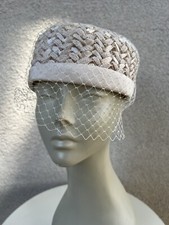 Vintage Hat Church pillbox ivory faux straw netting 21.5  