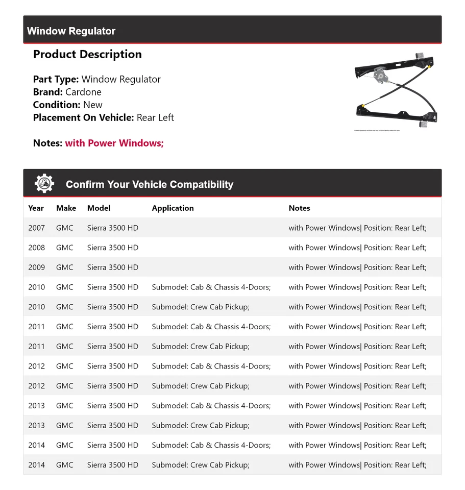 Regulador de ventana trasero izquierdo Cardone 2008 2009 para GMC Sierra 3500 HD 2007-2014 Foto 2 de 4