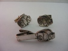 Vintage GE General Electric Generator Cufflinks & Tie Clip Bar Set Silver Tone