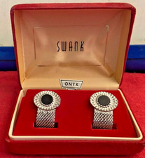 Black Onyx Watchband Mesh Vintage SWANK Cuff Links In Box