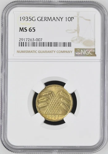 Germany Weimar Republic 1935 G 10 Reichspfennig, KM# 40, NGC MS 65