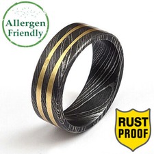 Customized Golden Brass Lined Inlay Damascus Steel Ring For Mens Wedding Band