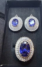 925 Sterling Silver Cubic Zirconia & Simulated Sapphire Halo Ring & Earrings Set