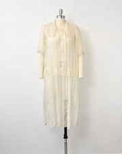 Antique Early 1920s White Floral Lace Sheer Cotton Flapper Lawn Dress Medium