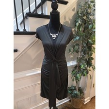 Mini Dress Women's Size 1XL Black Ruched Knot Front V-Neck Stretch Cap Sleeves