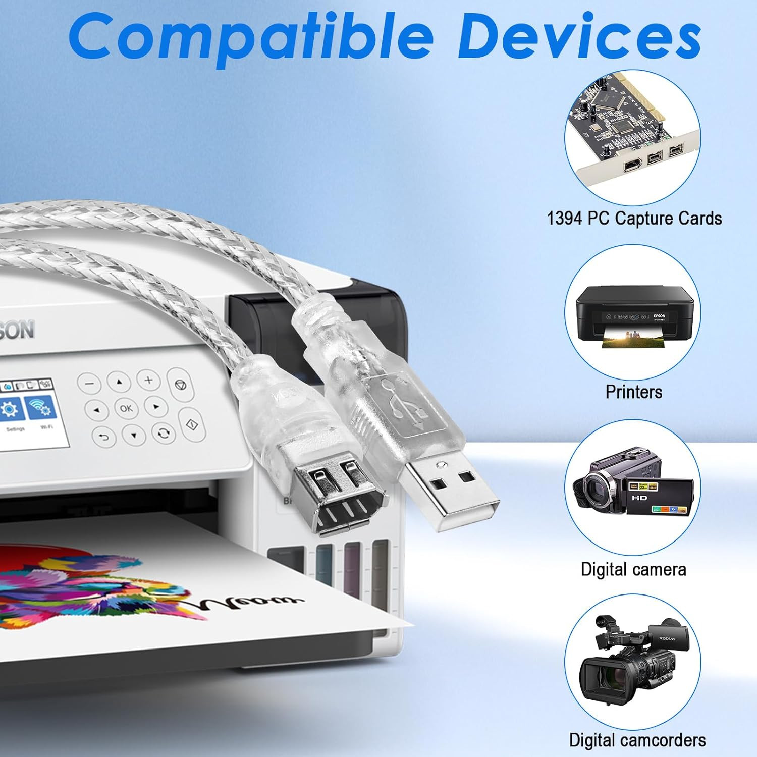 Herfair Firewire to USB Adapter Cable 6-Pin IEEE 1394 Female to USB 2.0 Male Con