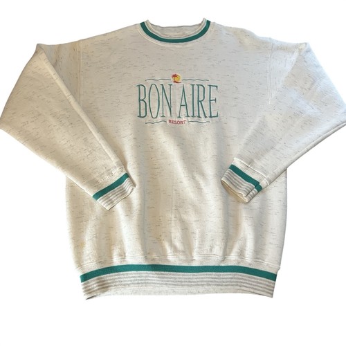 Light gray long-sleeve crewneck sweatshirt with green “BON AIRE RESORT” text and teal stripe accents on collar and cuffs.