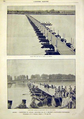 Original Old Antique Print Bridge Boats Loire Droite Angers French 1891 19th